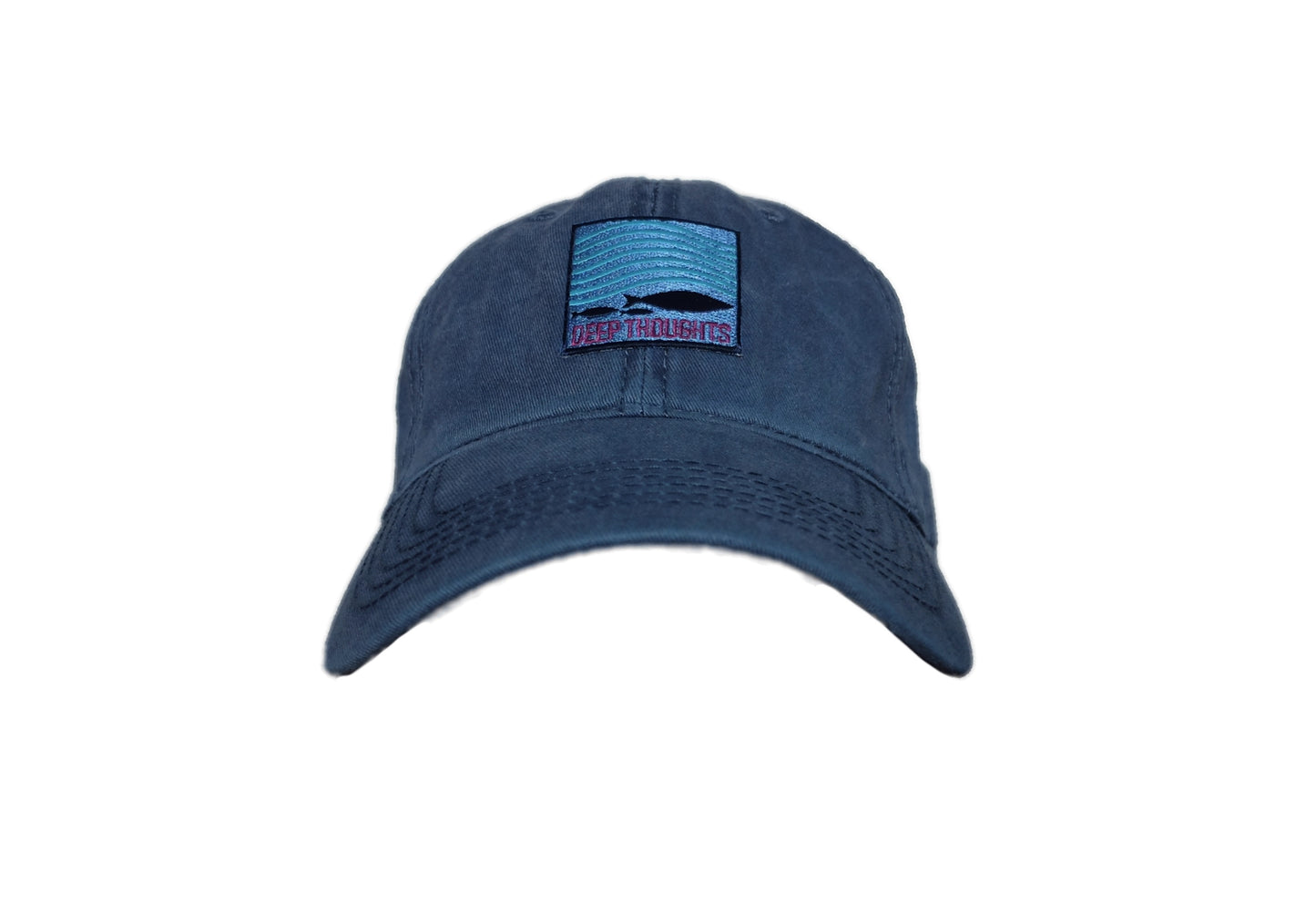 washed navy blue cap with square embroidered patch showing fish under waves and Deep Thoughts text