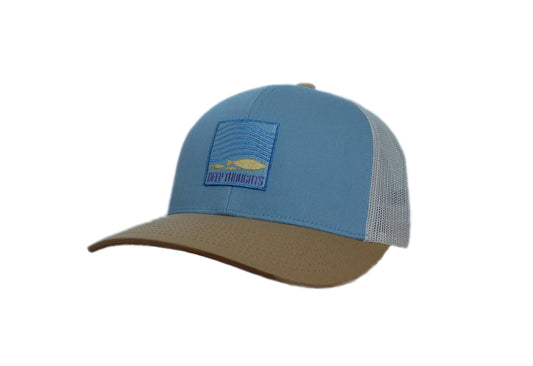 smoke blue gold and beige trucker hat with fish under waves Deep Thoughts patch