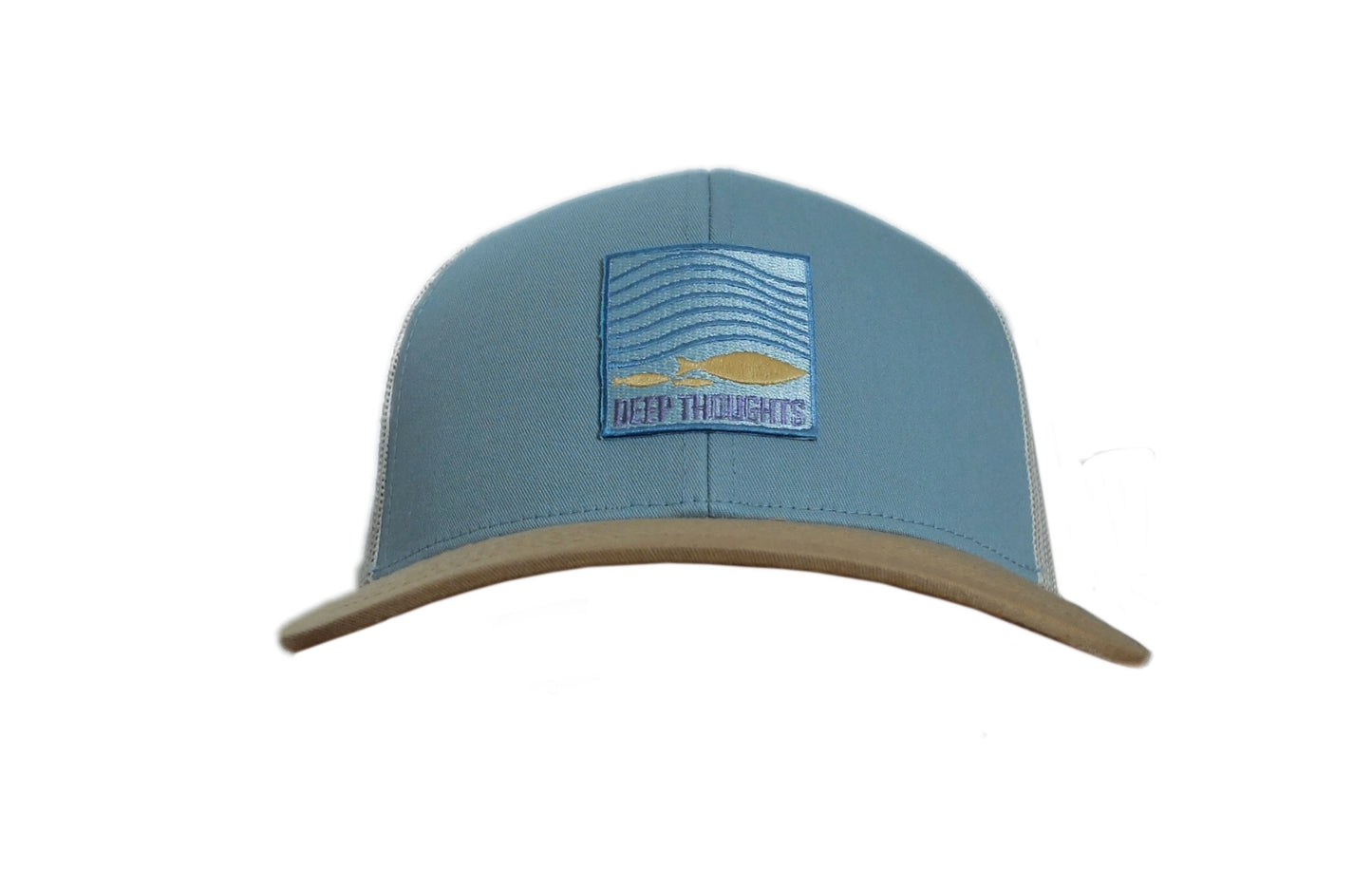front view smoke blue gold and beige trucker hat with fish under waves Deep Thoughts patch