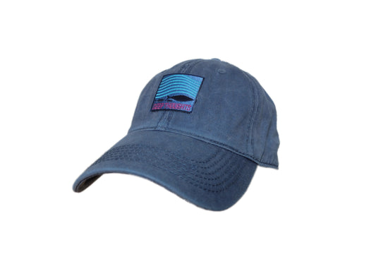 washed navy blue baseball cap with square embroidered patch showing fish under waves and Deep Thoughts text