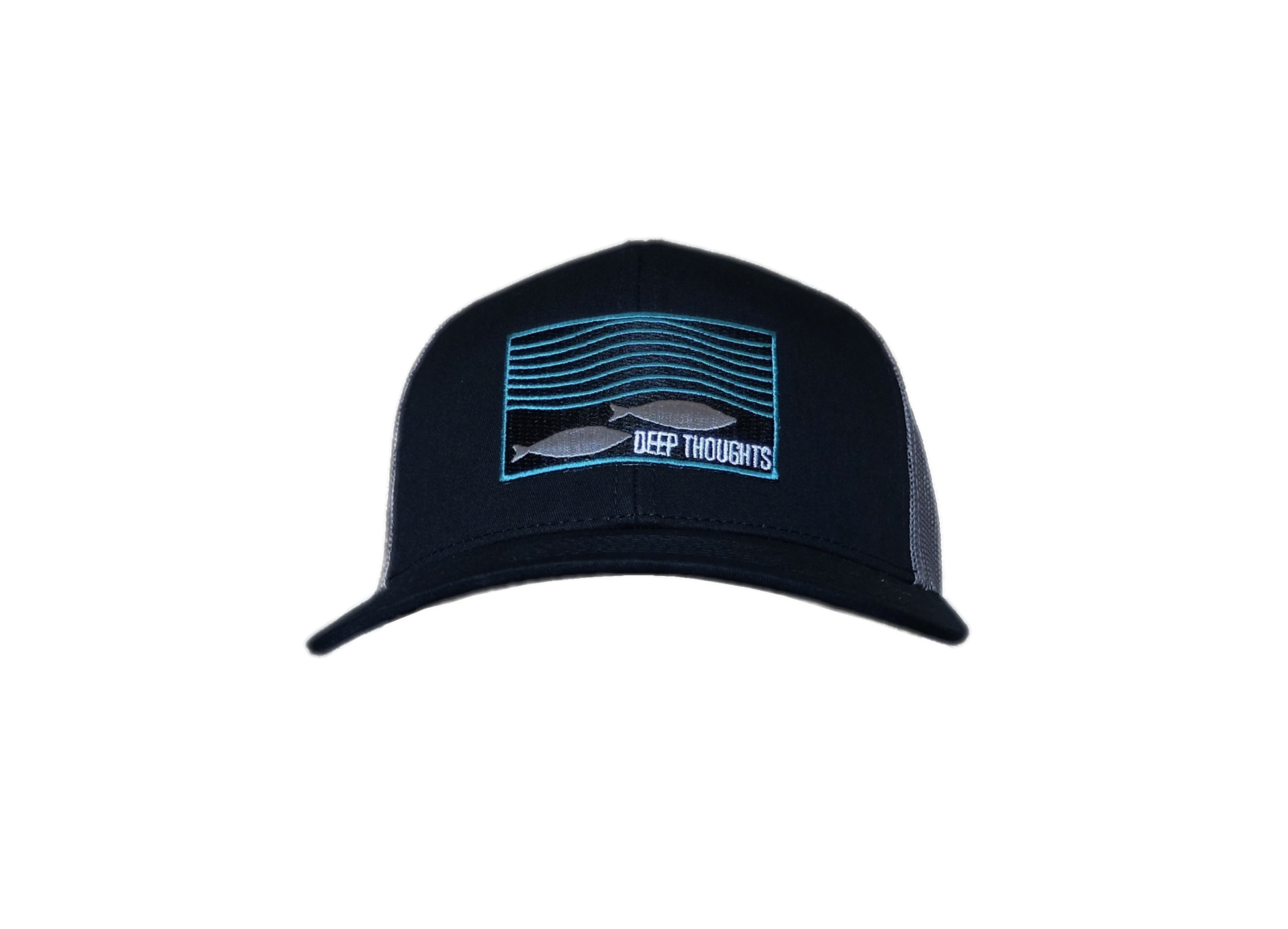 front view of black and charcoal trucker hat with rectangular black and teal patch showing fish under wavy ocean currents