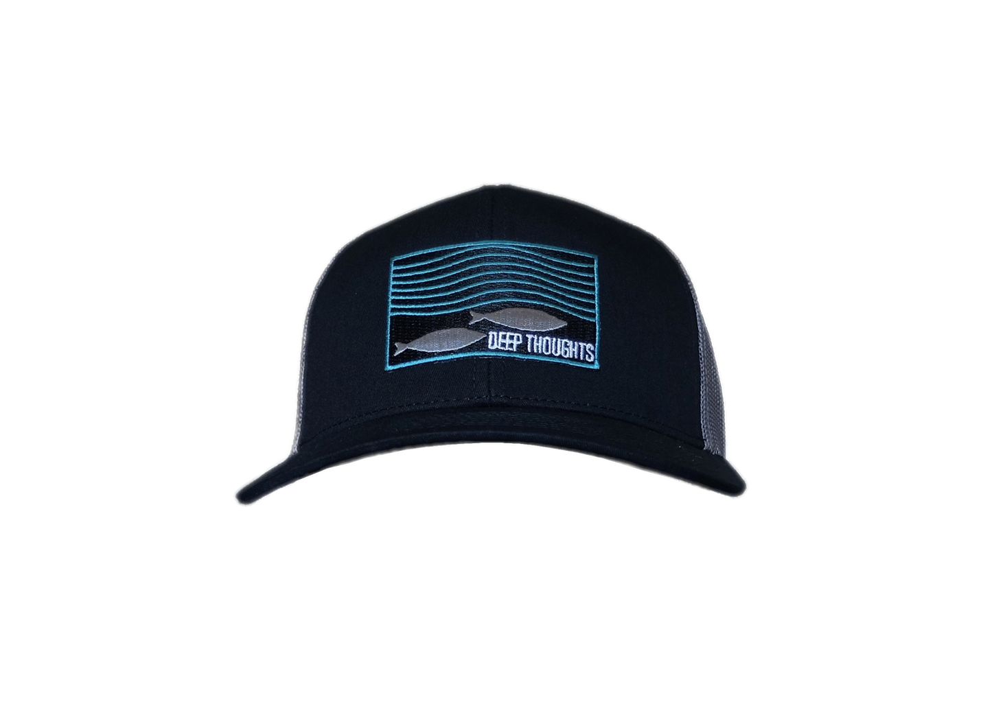 front view of black and charcoal trucker hat with rectangular black and teal patch showing fish under wavy ocean currents