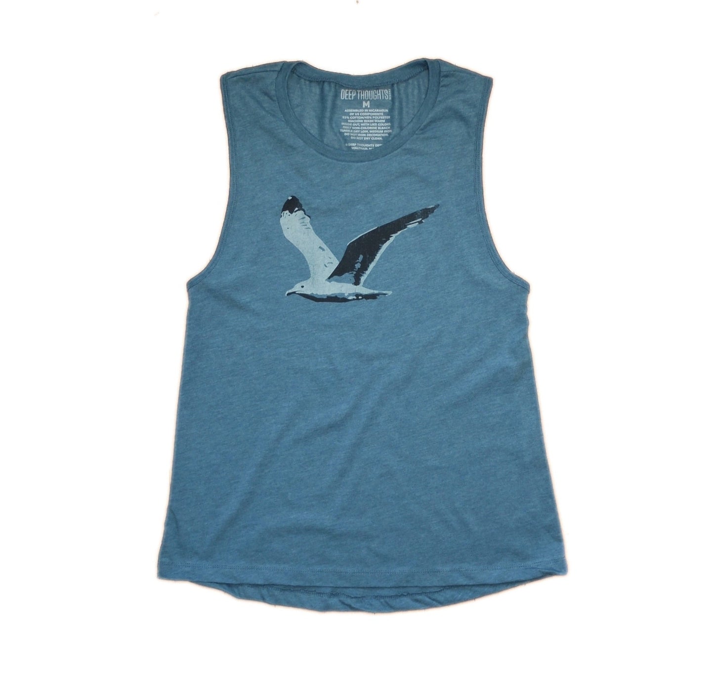 women's heather teal tank top with white and black flying seagull graphic