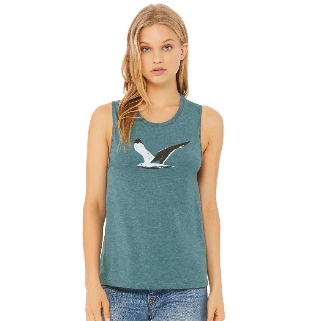woman wearing heather teal tank top with white and black soaring seagull graphic