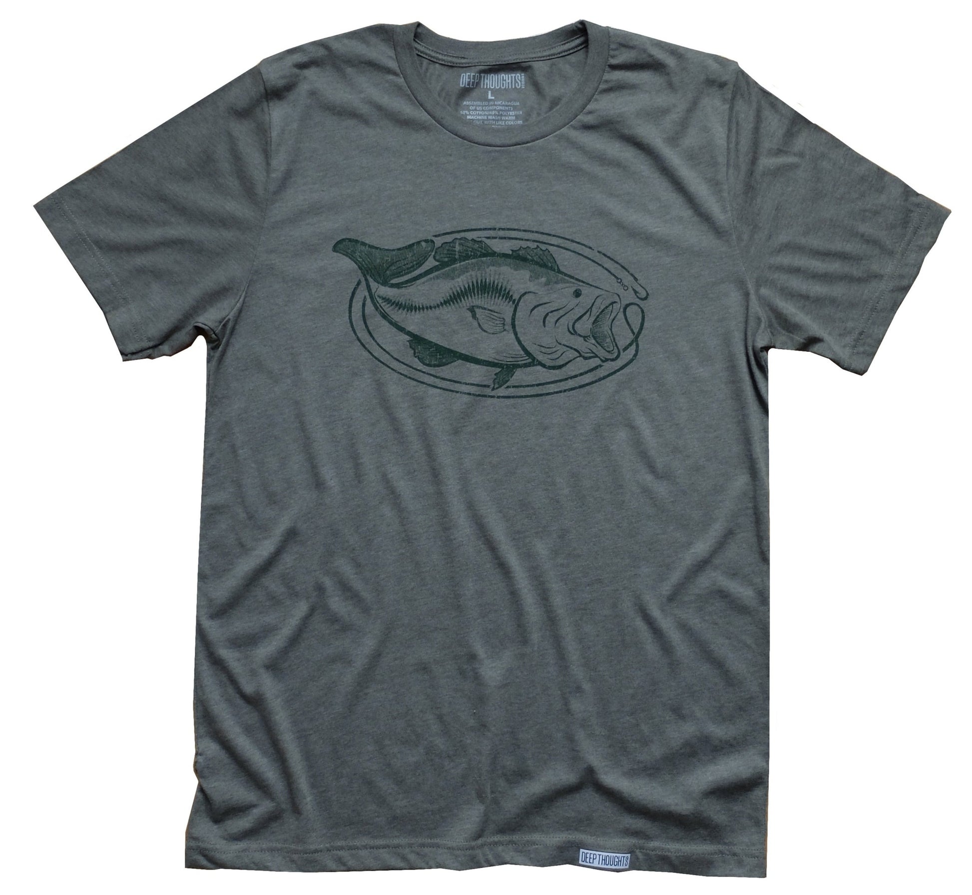 heather army green soft cotton blend t-shirt with dark green oval-shaped largemouth bass fishing graphic