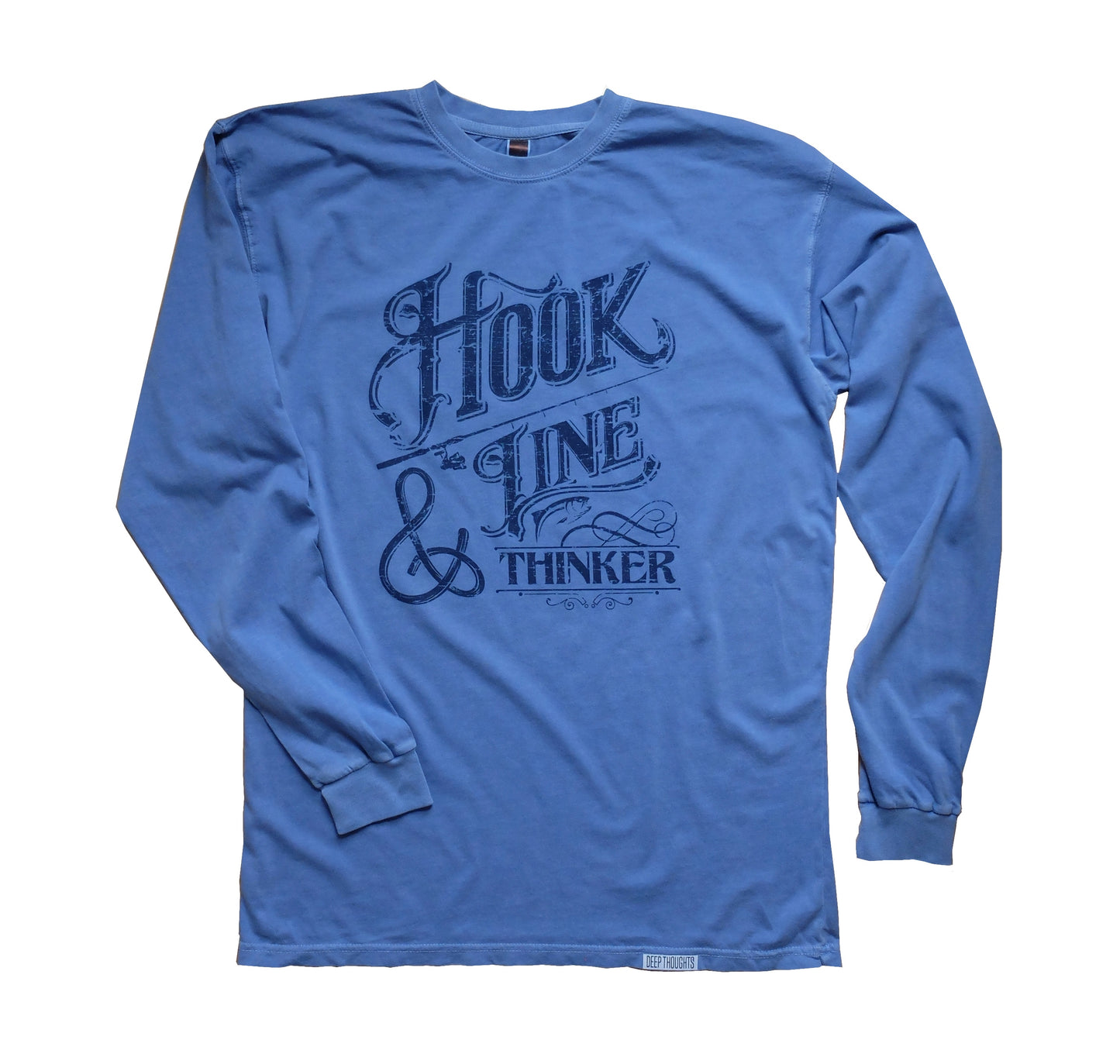 washed blue long sleeve cotton t-shirt with navy blue hook line and thinker fishing graphic