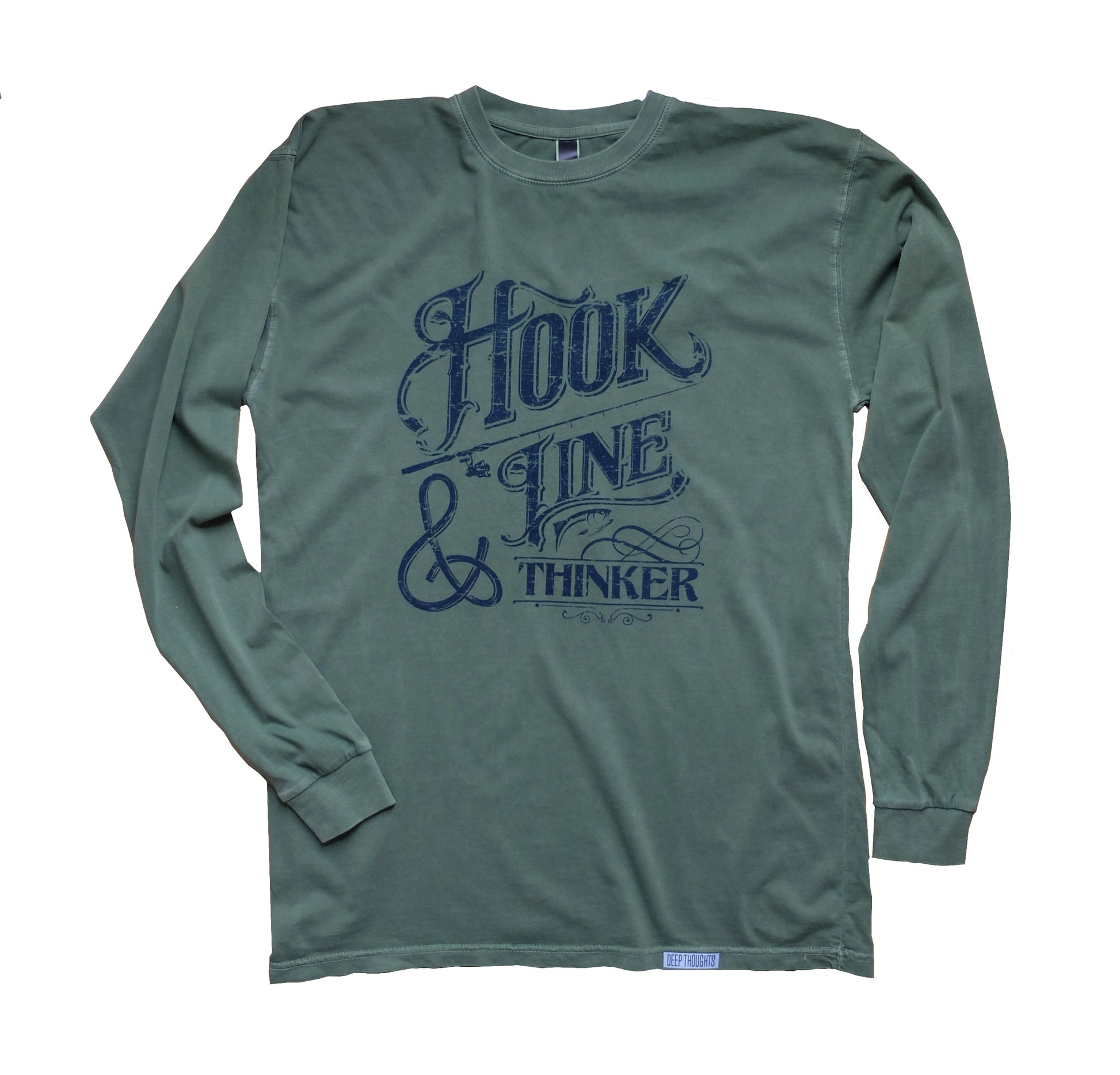 washed green long sleeve t-shirt with navy blue hook line and thinker fishing graphic