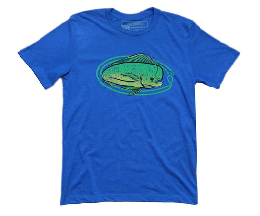heather royal blue t-shirt with bright lime and yellow oval-shaped mahi mahi fishing graphic