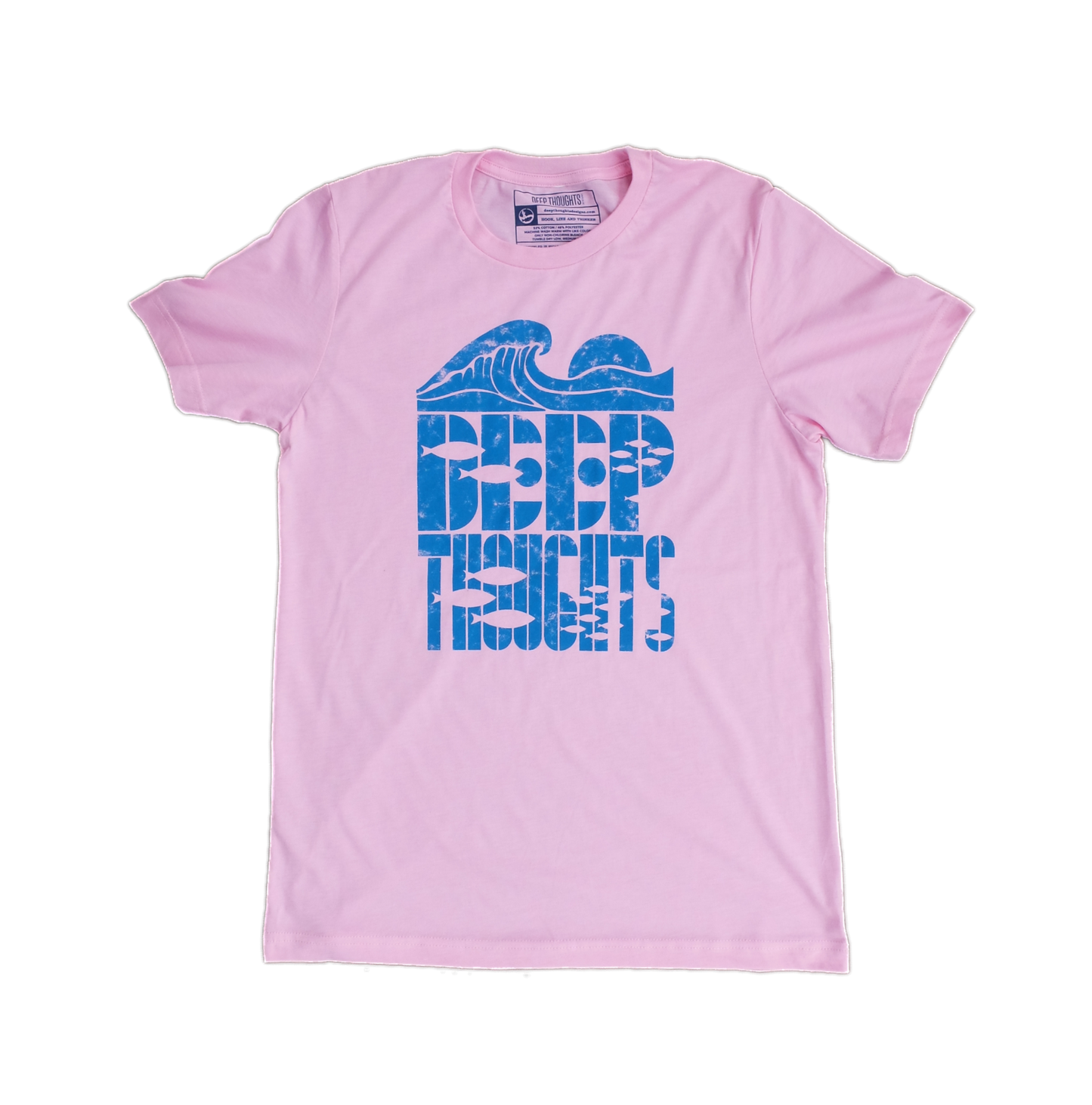 heather pink t-shirt with blue cresting wave graphic over Deep Thoughts text with fish silhouettes