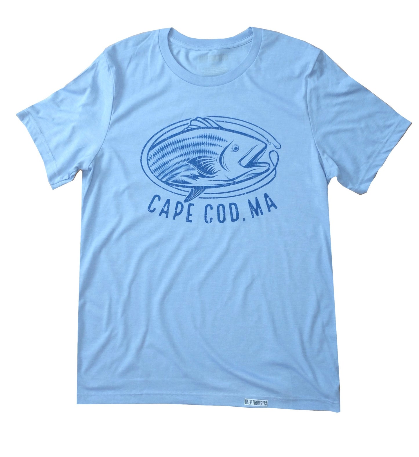 light heather blue soft cotton blend tee with blue vintage style oval-shaped striped bass fishing graphic and 'Cape Cod' text