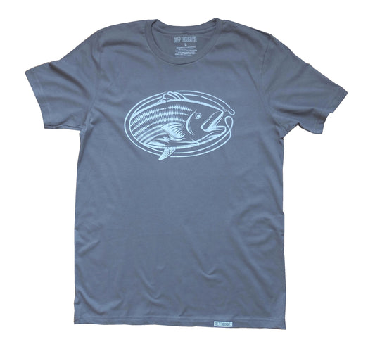 Asphalt grey cotton t-shirt with oval shaped striped bass white fishing graphic