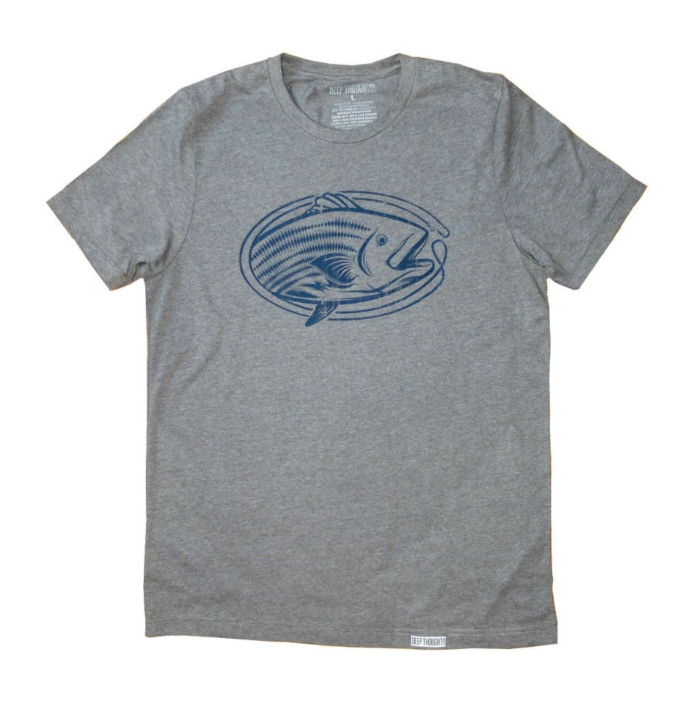 grey t-shirt with blue oval-shaped striped bass fishing graphic