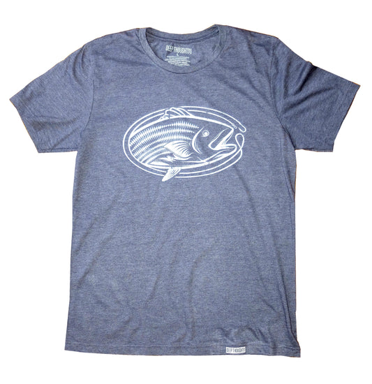 heather navy blue t-shirt with white oval-shaped striped bass fishing graphic
