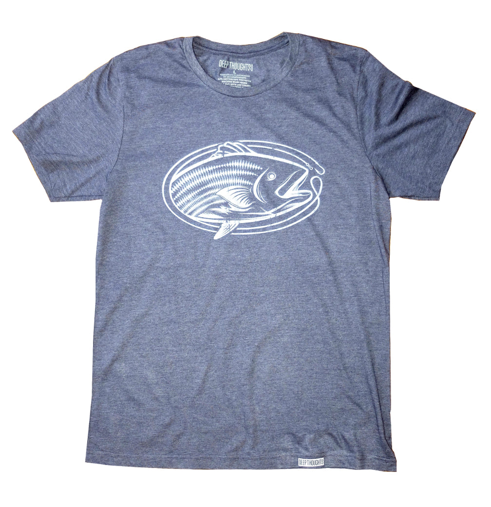 heather navy blue t-shirt with white oval-shaped striped bass fishing graphic