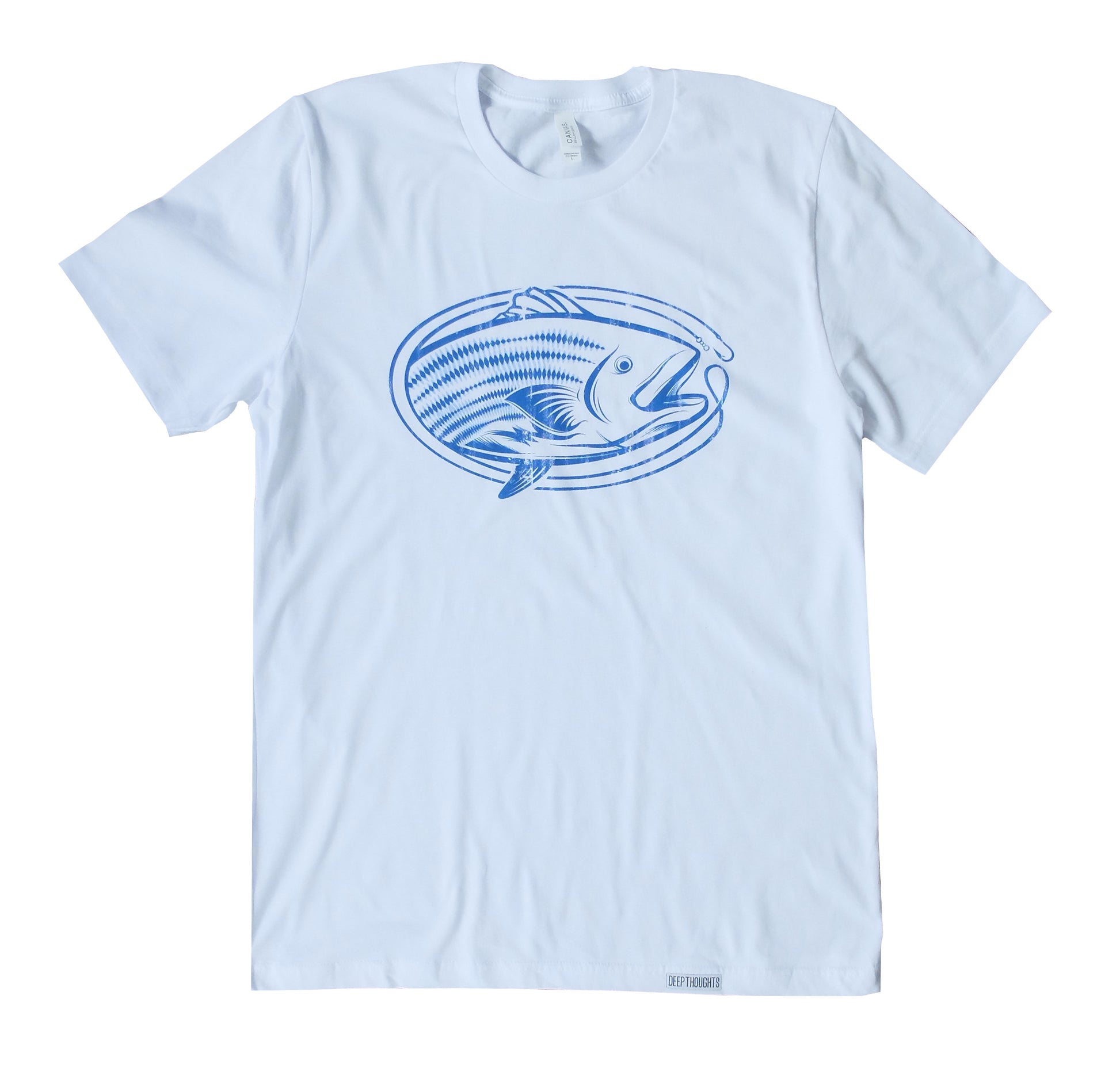 white cotton t-shirt with blue oval shaped striped bass fishing graphic