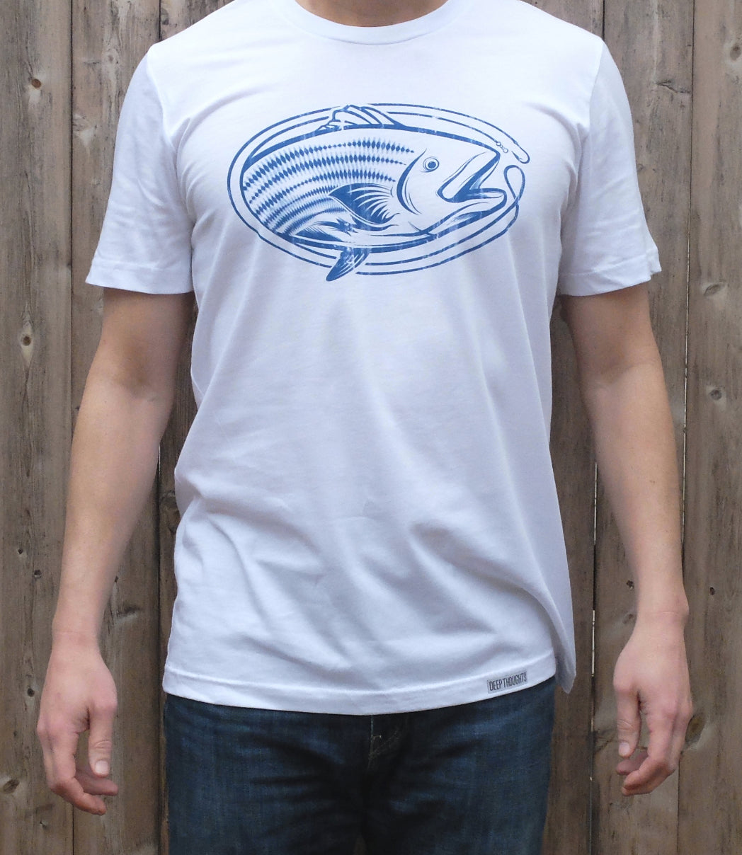 man wearing white cotton t-shirt with oval shaped blue striped bass fishing graphic