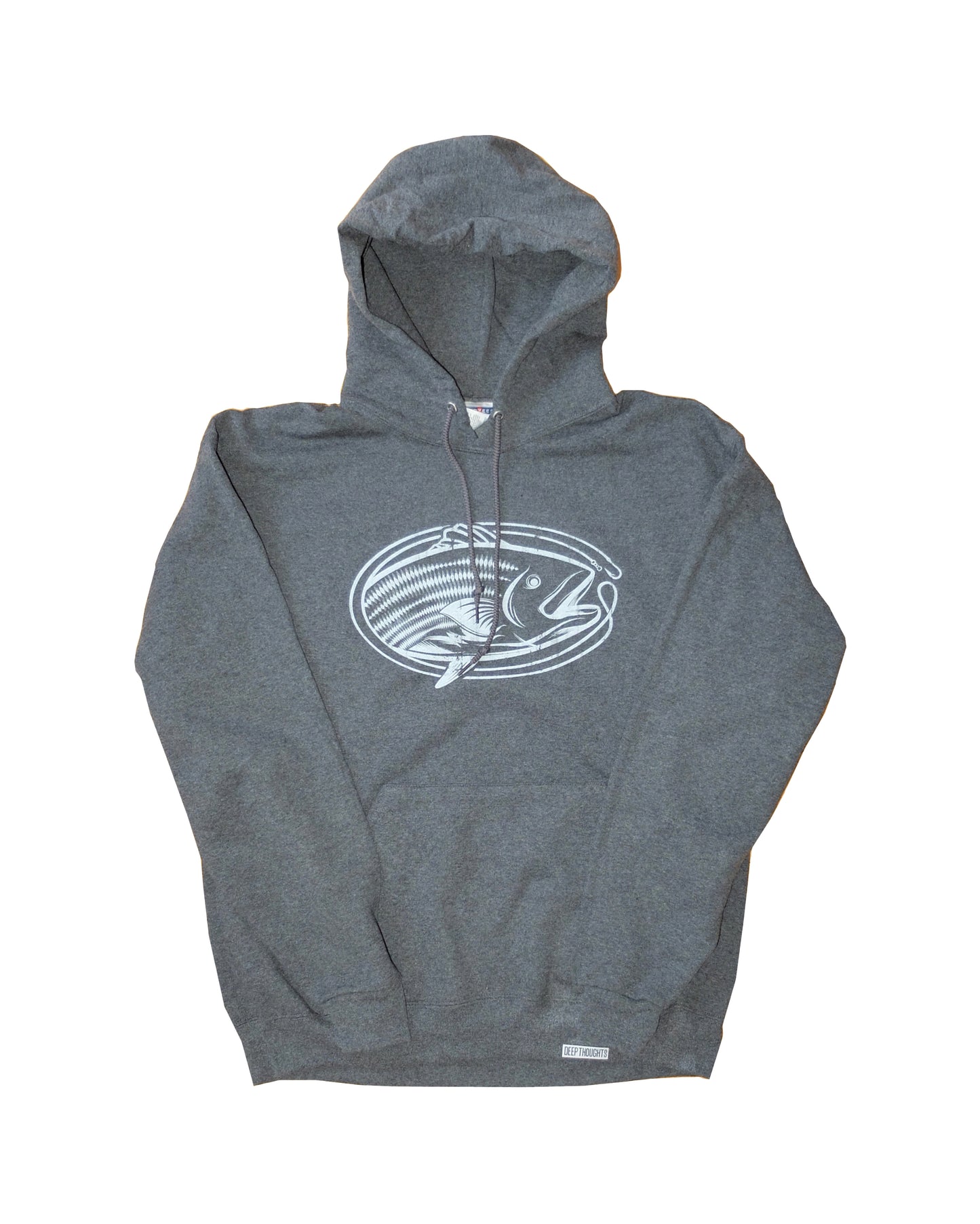 heather charcoal hoodie with white vintage style oval-shaped striped bass fishing graphic