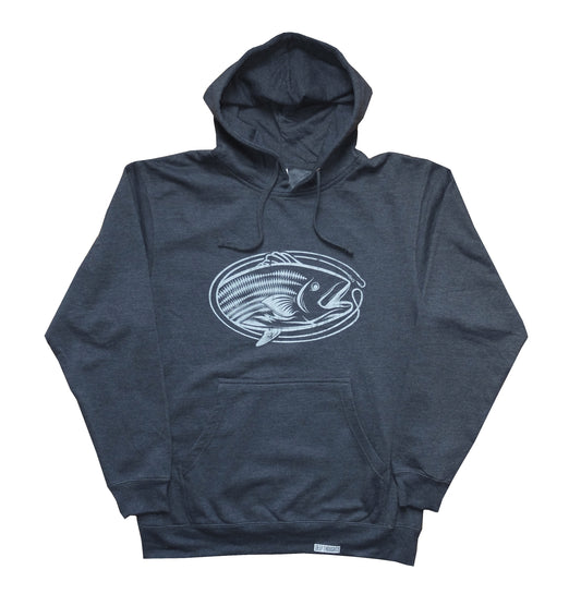 heather navy blue hoodie with white oval-shaped vintage style striped bass fishing graphic