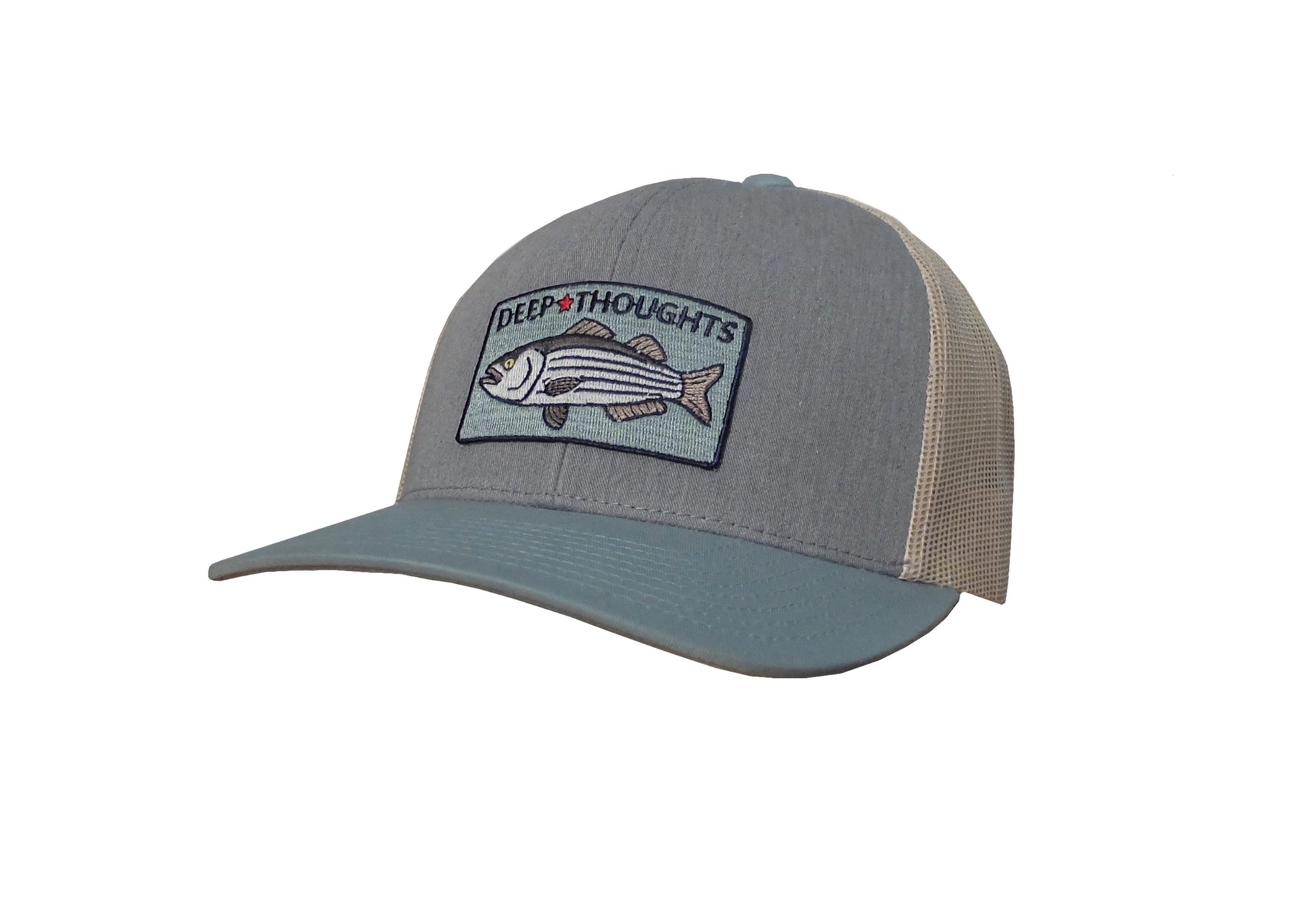grey and smoke blue trucker hat with embroidered striped bass patch and Deep Thoughts text