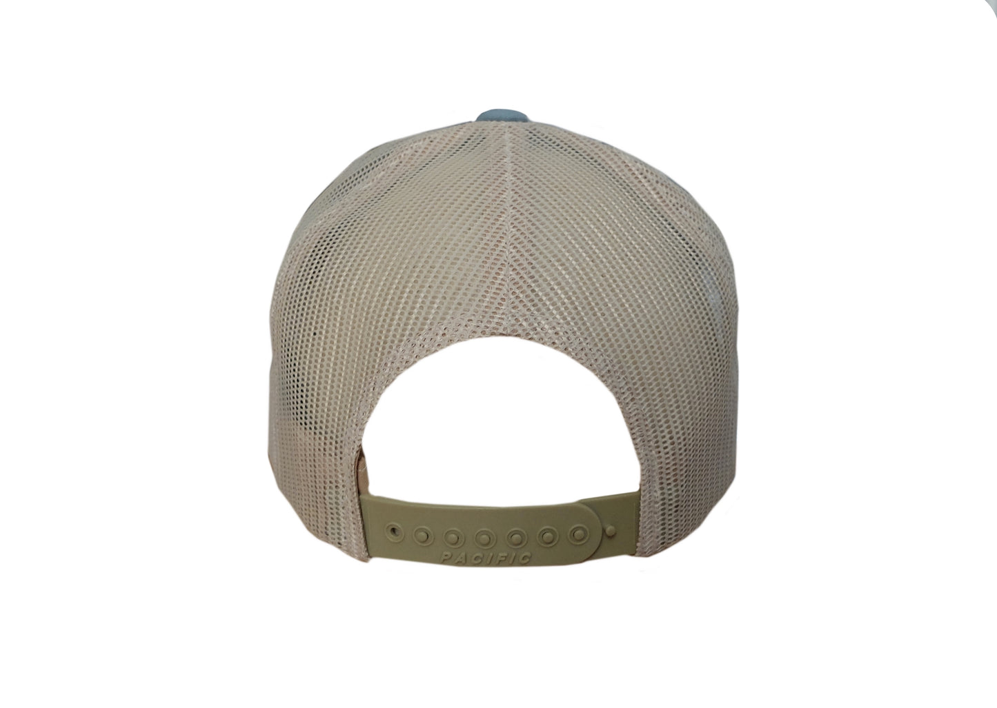 back side view of grey and smoke blue striped bass patch trucker hat with beige-colored mesh