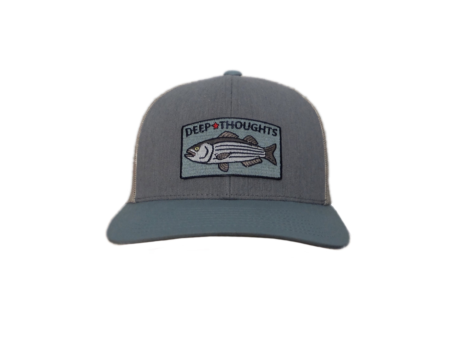 front view of grey and smoke blue trucker cap with striped bass embroidered patch