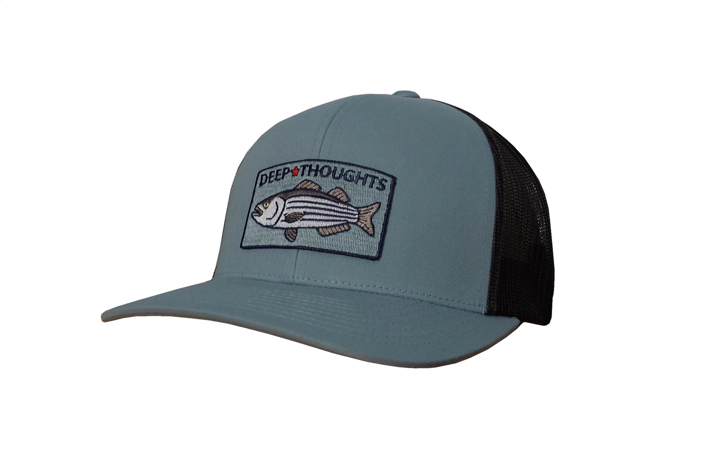 smoke blue and charcoal structured trucker hat with embroidered striped bass patch and Deep Thoughts text