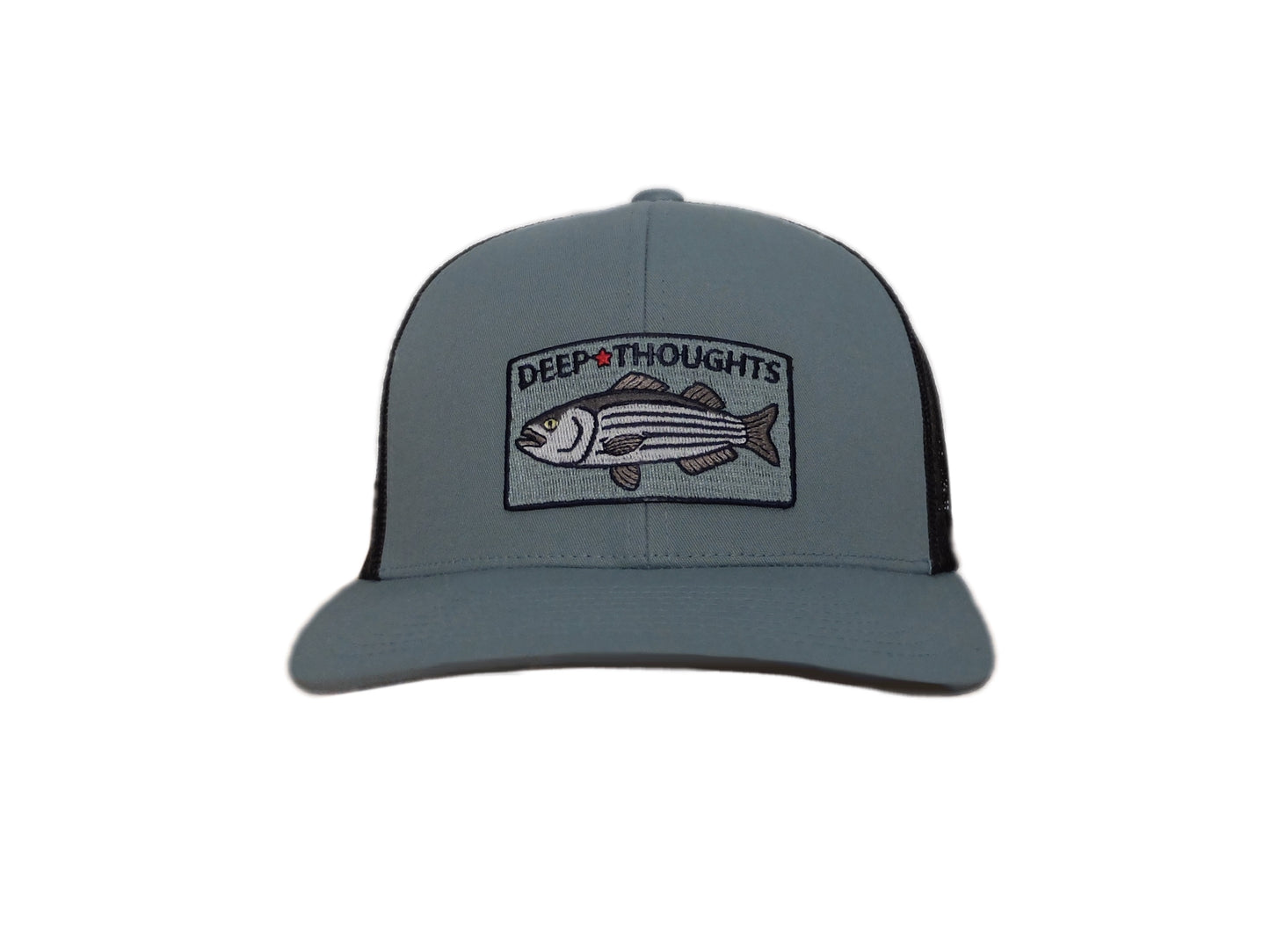front view of smoke blue and charcoal striped bass patch trucker hat with Deep Thoughts text