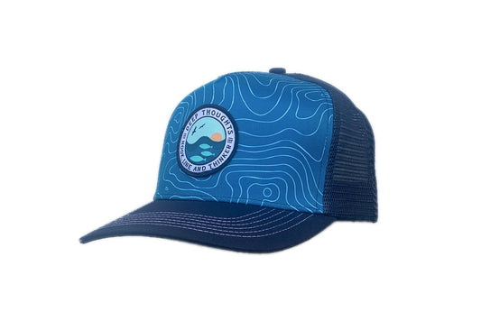 aquamarine and navy blue trucker hat with round patch depicting ocean swells at sunrise with fish beneath the waves