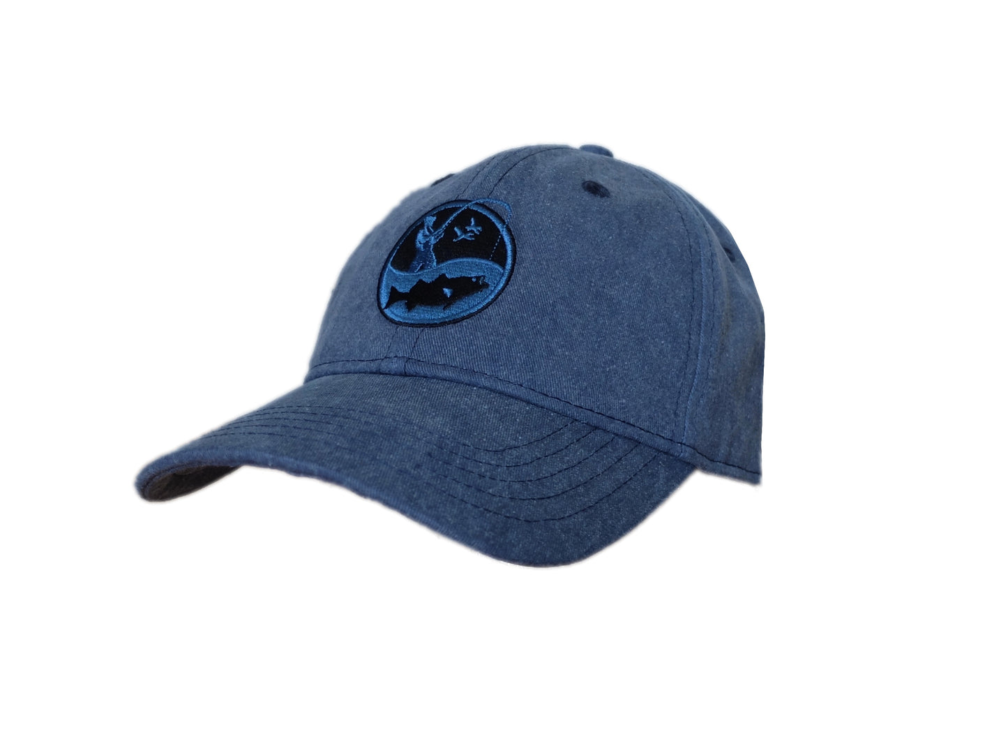 washed navy blue baseball cap with round black and blue embroidered surf fisherman logo