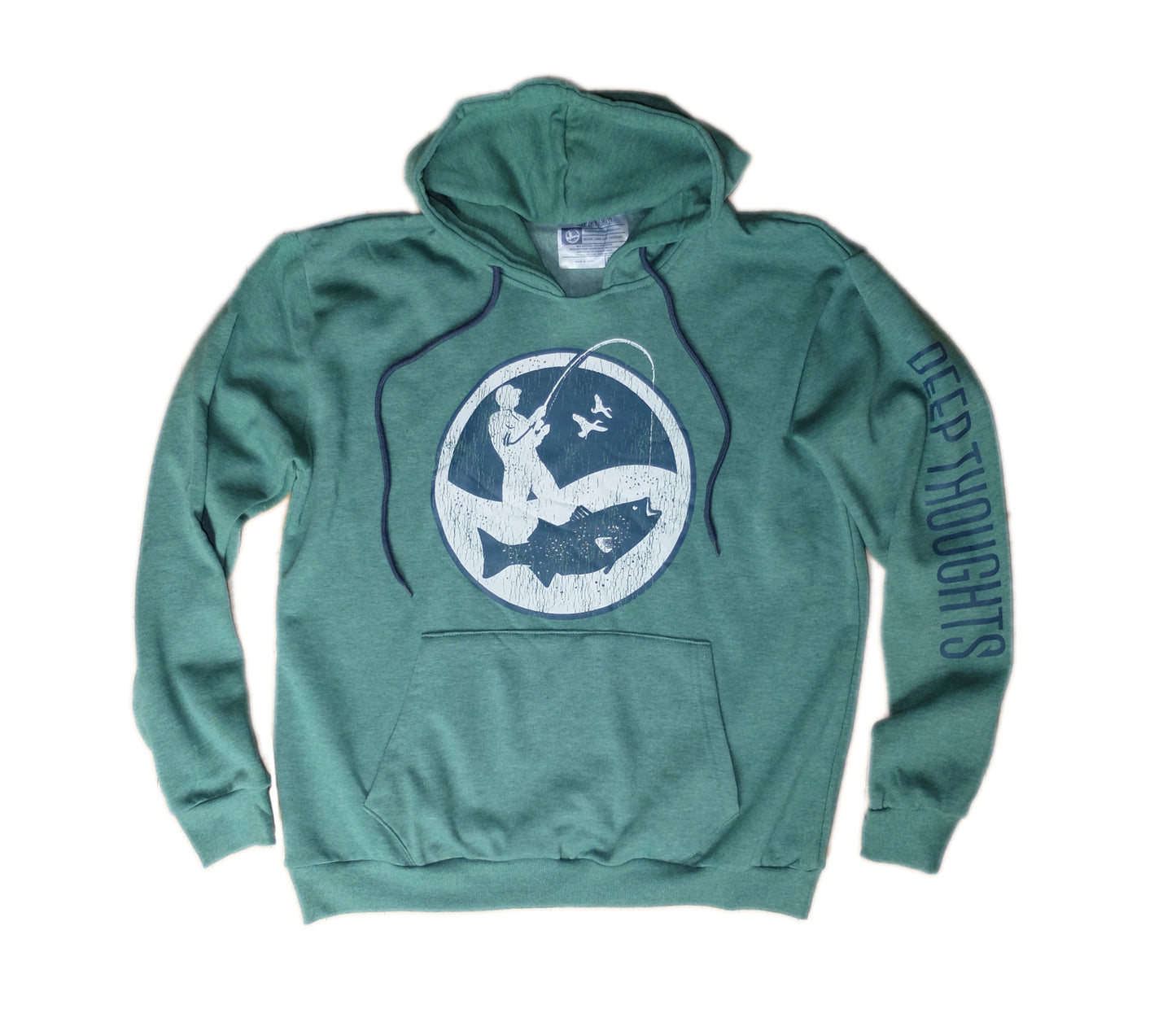 heather green hoodie with large round navy blue and white surf fisherman logo