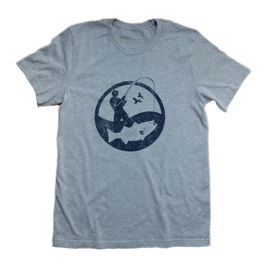 heather grey t-shirt with round navy blue surf fisherman logo graphic