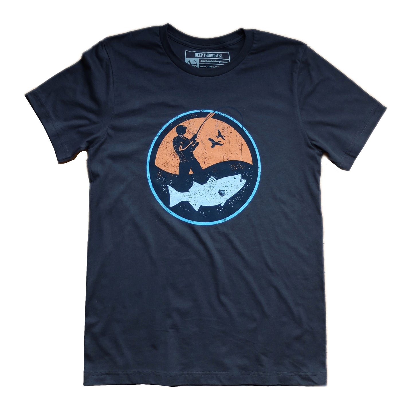 dark grey cotton t-shirt with round orange and blue surf fisherman logo