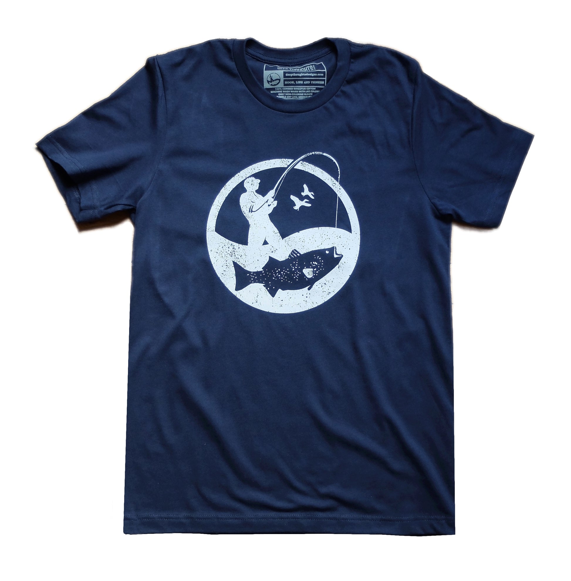 navy blue cotton t-shirt with round white surf fisherman logo