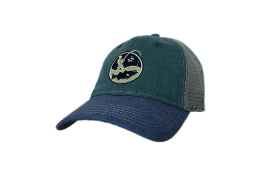 Blue green and sand colored trucker cap with round surf fisherman embroidered logo