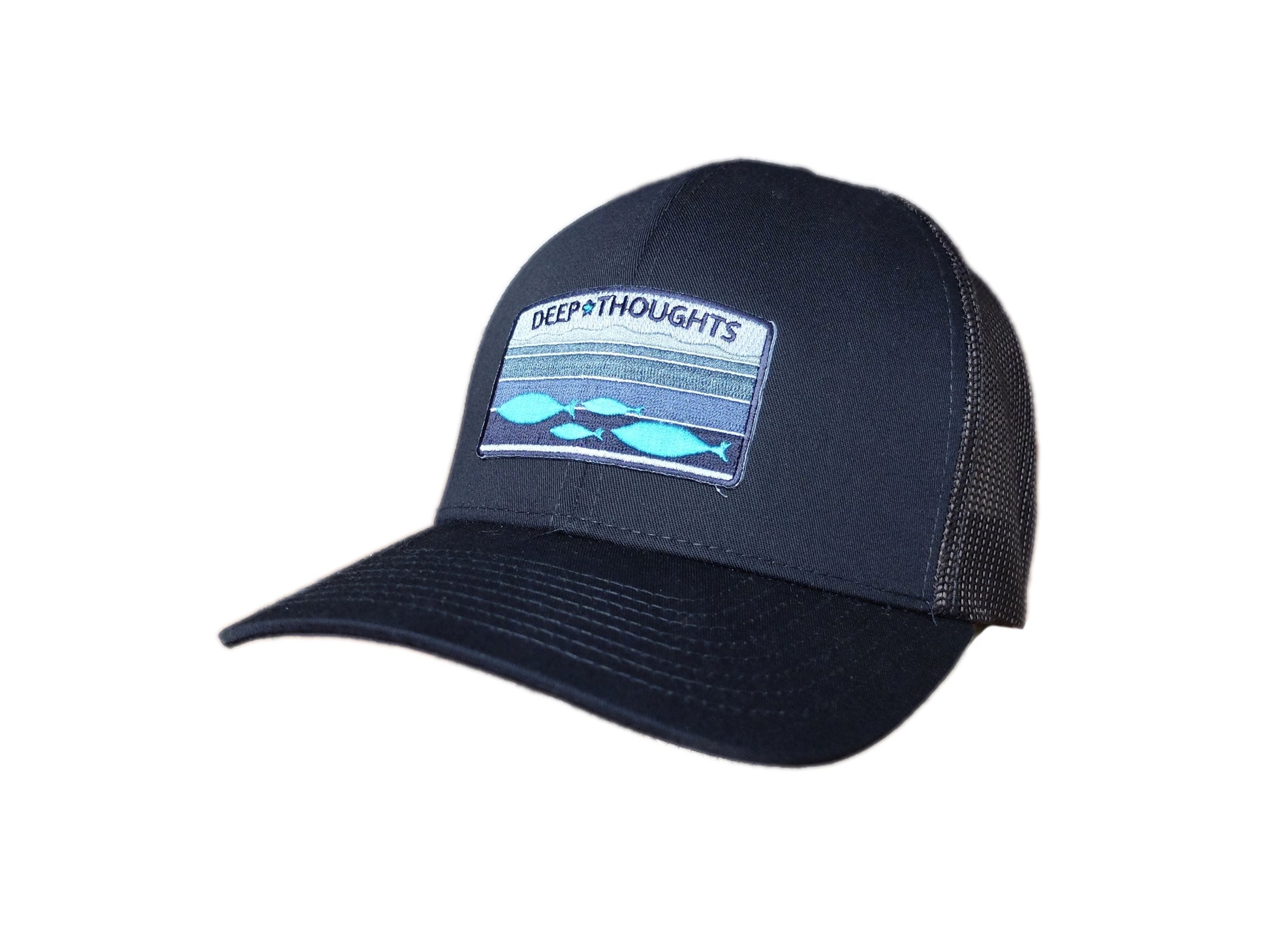 navy blue trucker cap with embroidered fish under ocean currents patch and 'deep thoughts' text