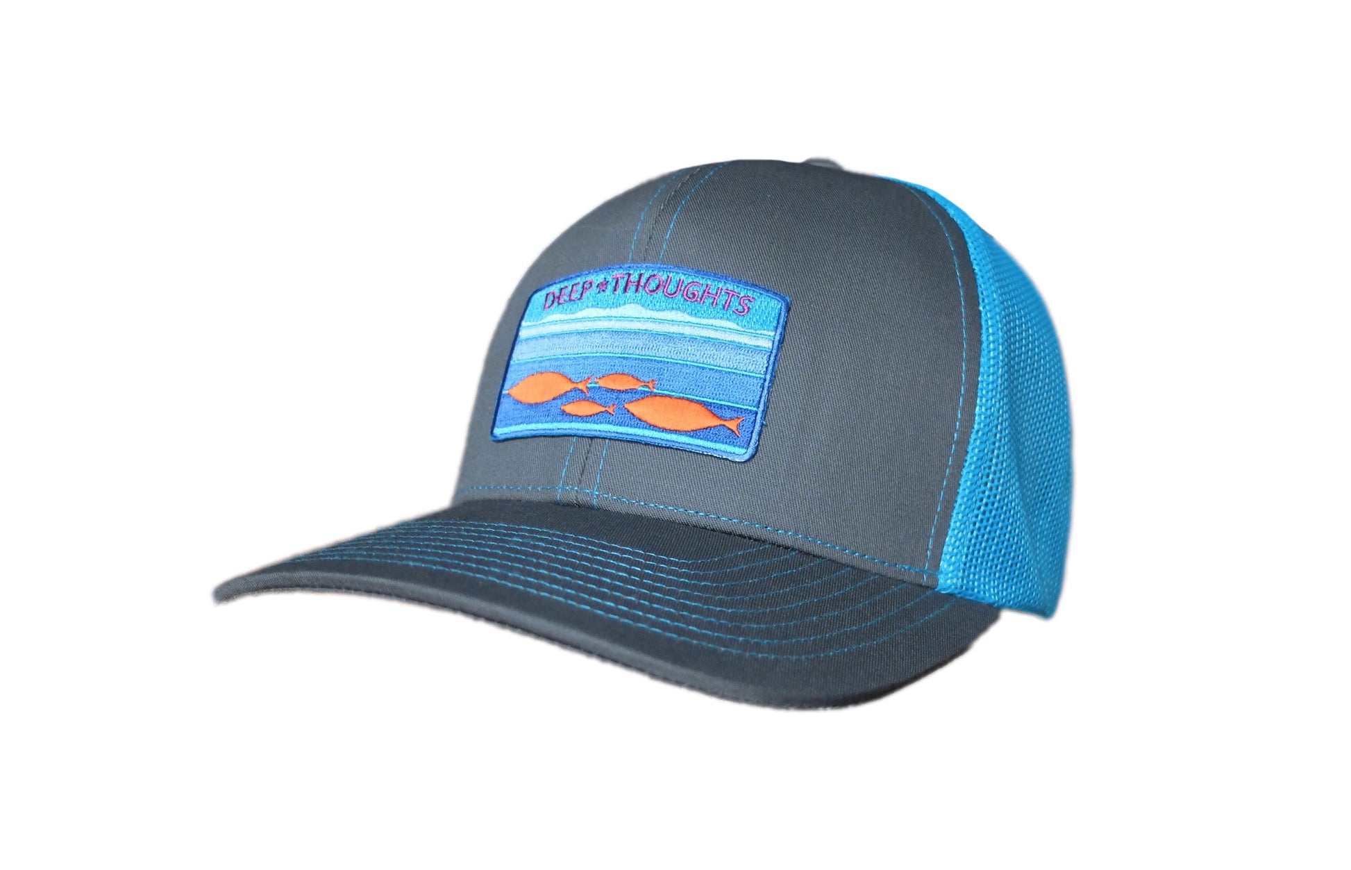 structured dark grey and neon blue trucker hat with aqua colored embroidered patch showing fish under water
