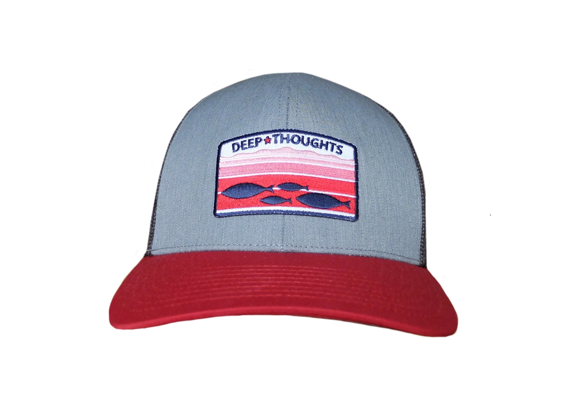 front view of Deep Thoughts grey red and charcoal trucker cap with red white and blue fish patch