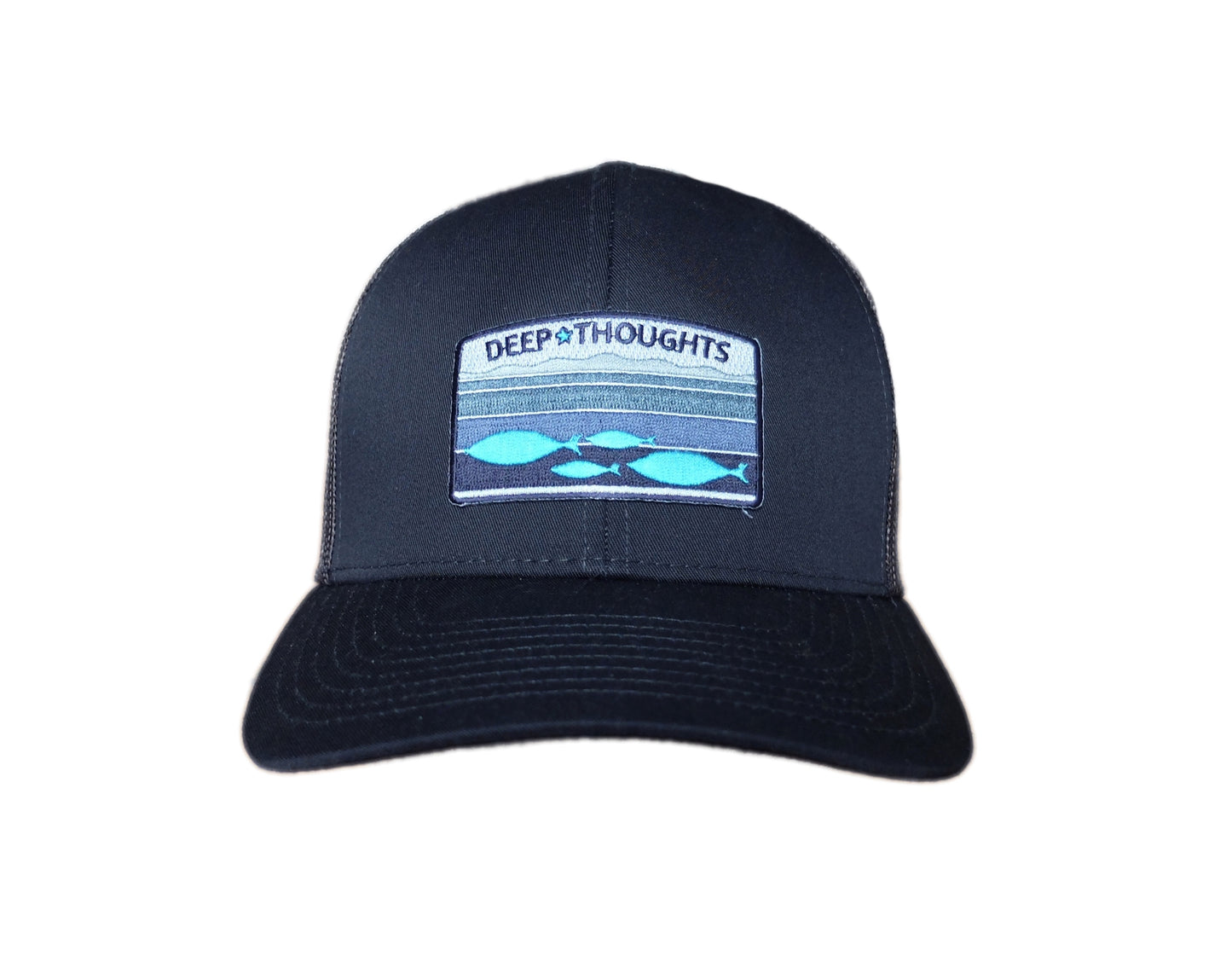 front view of navy blue trucker cap with embroidered fish under ocean currents patch