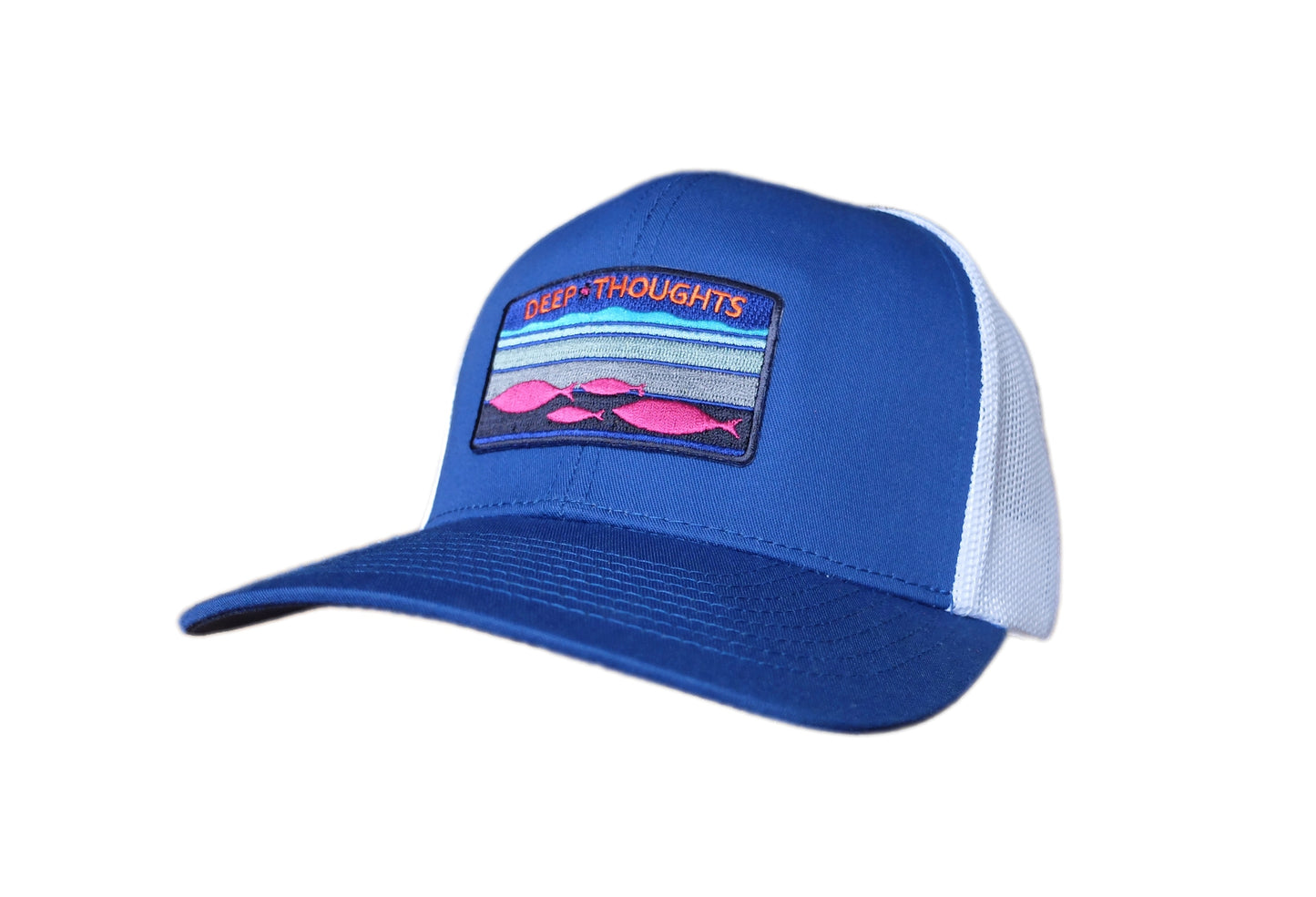 royal blue and white structured trucker cap with Deep Thoughts embroidered patch showing fish swimming in ocean currents