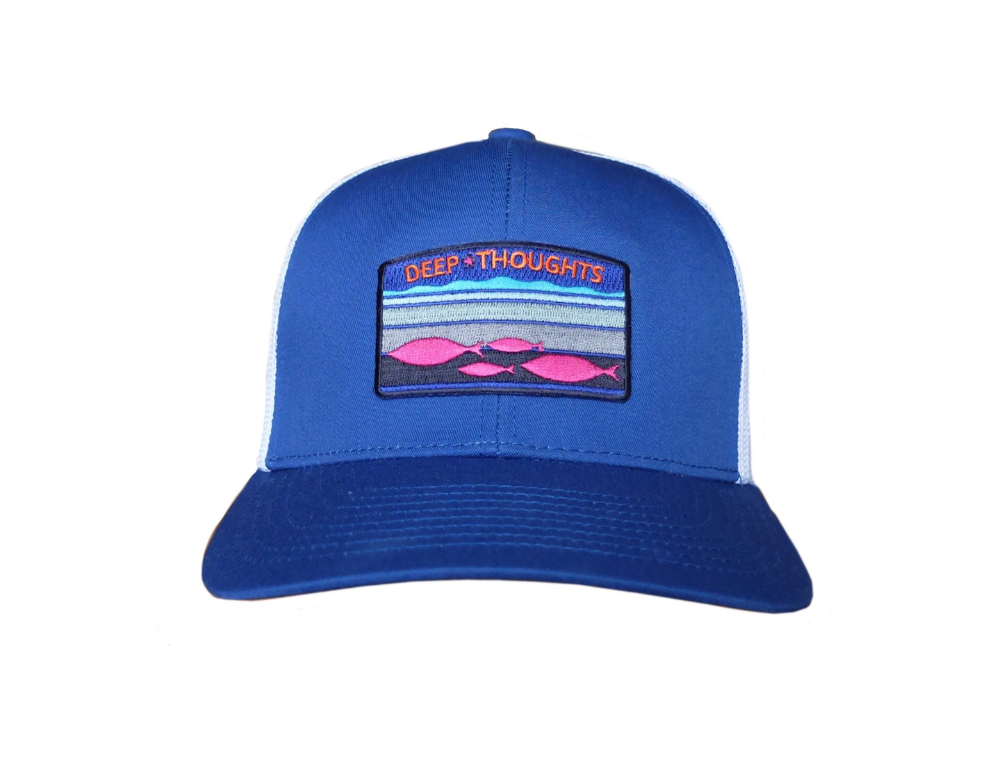 front view of royal blue and white trucker cap with embroidered patch showing fish swimming in ocean currents and 'Deep Thoughts' text