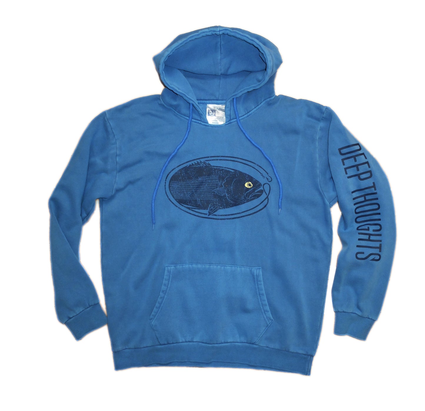 washed blue hoodie with dark blue oval-shaped vintage style bluefish graphic and 'Deep Thoughts' sleeve print
