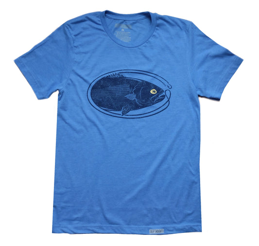 heather columbia blue t-shirt with dark blue oval-shaped bluefish fishing graphic