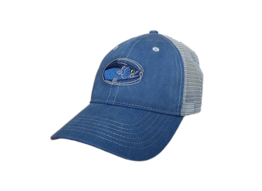 washed blue and grey unstructured trucker cap with oval-shaped embroidered bluefish decoration