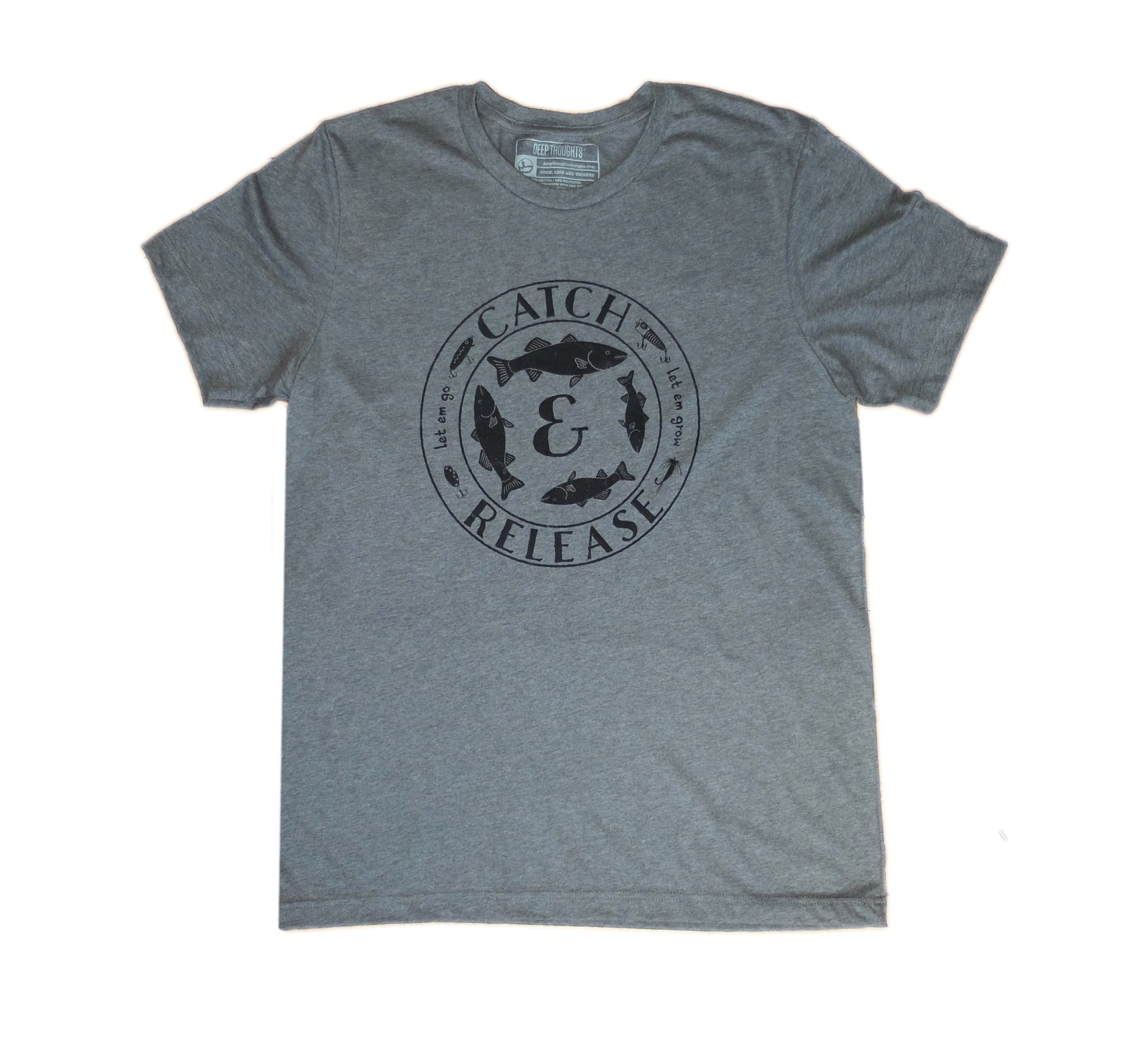 heather grey t-shirt with round vintage style 'Catch and Release' fishing graphic