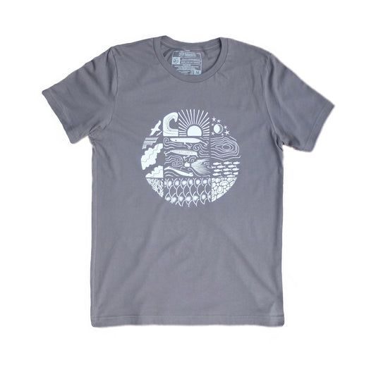 grey cotton t-shirt with white circular design showing multiple boating and fishing sights