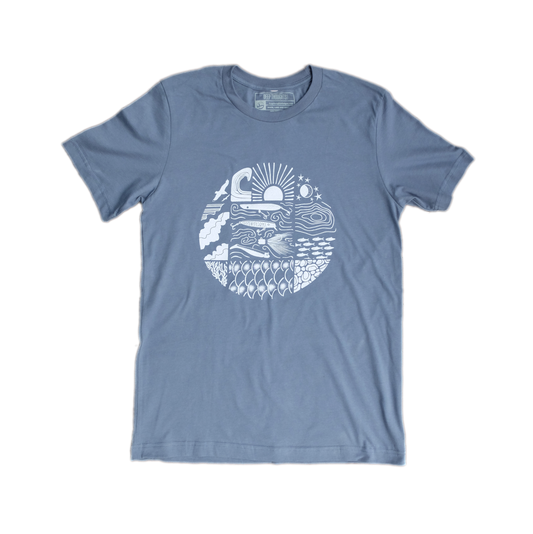 slate blue cotton t-shirt with white circular design showing multiple boating and fishing sights