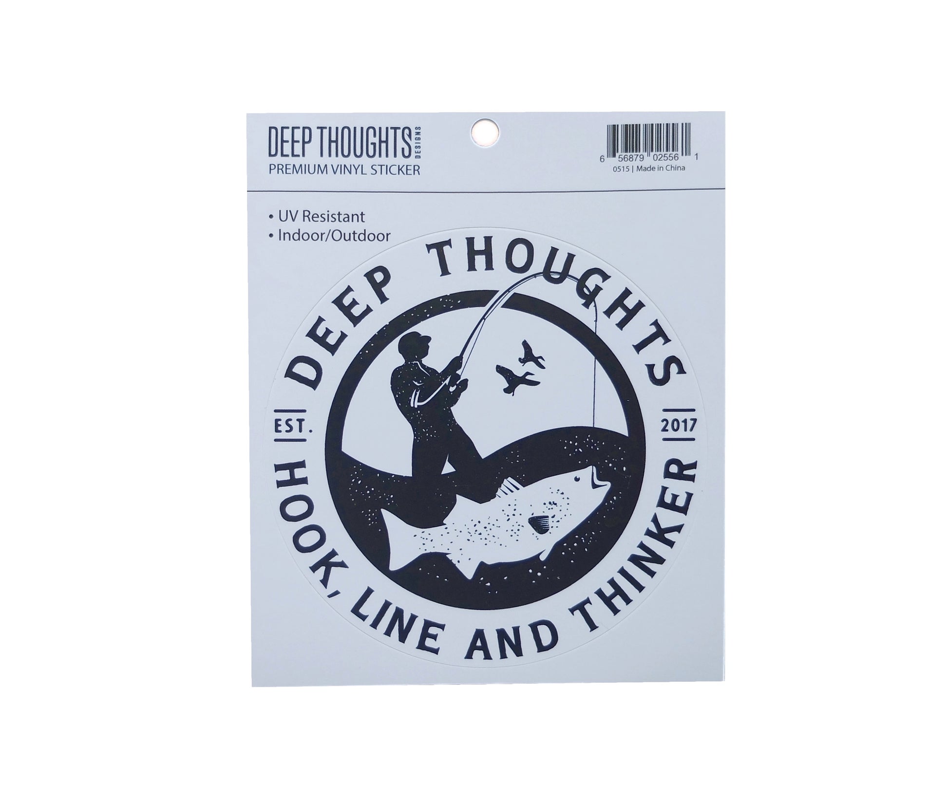 Deep Thoughts Designs round vinyl sticker with navy blue and white surf fisherman logo and hook line and thinker tag line