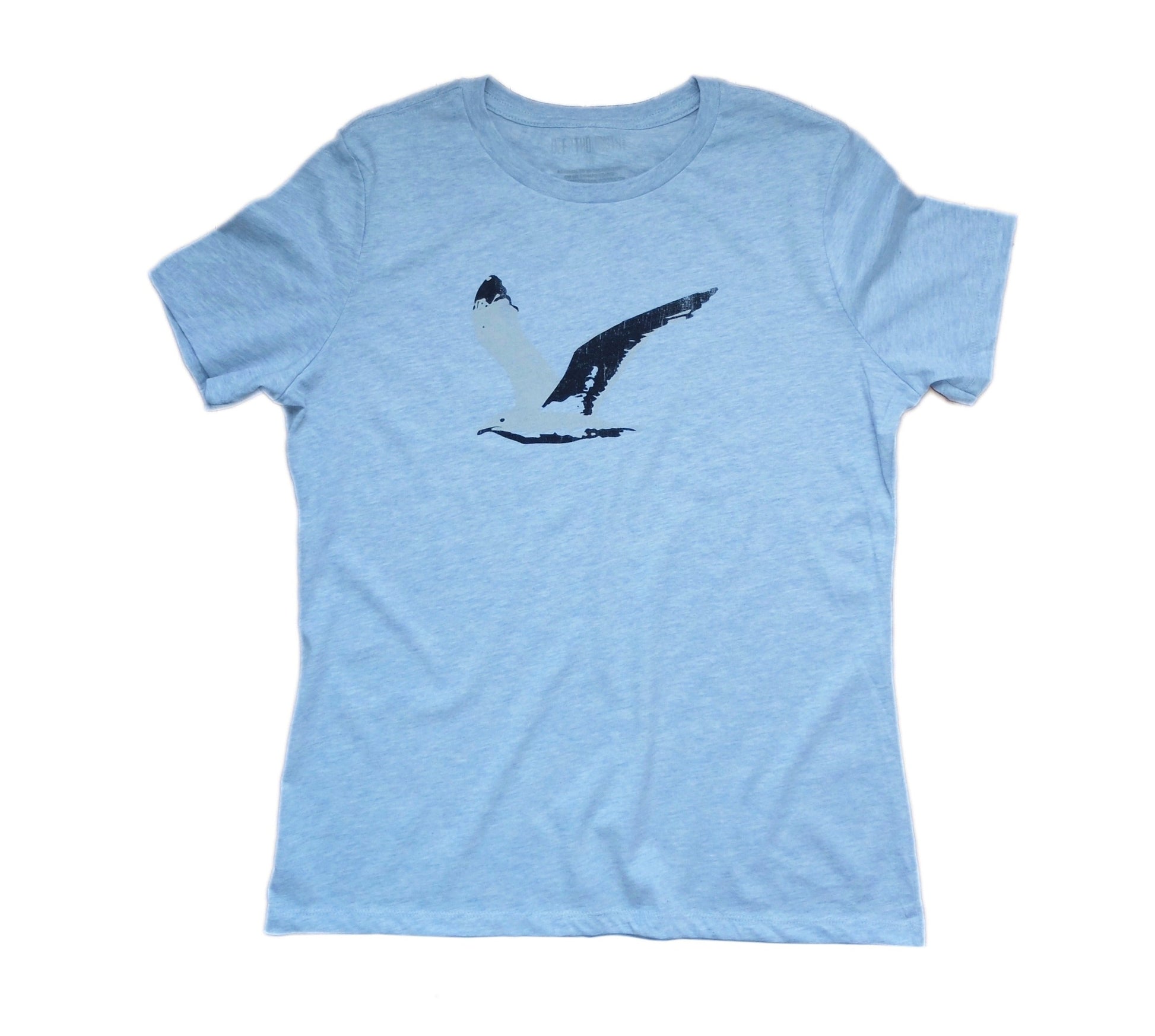 women's heather ice blue t-shirt with black and white flying seagull graphic