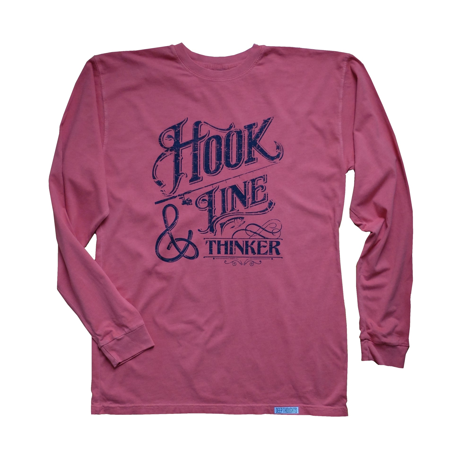 long sleeve washed red t-shirt with navy Hook Line and Thinker vintage style text