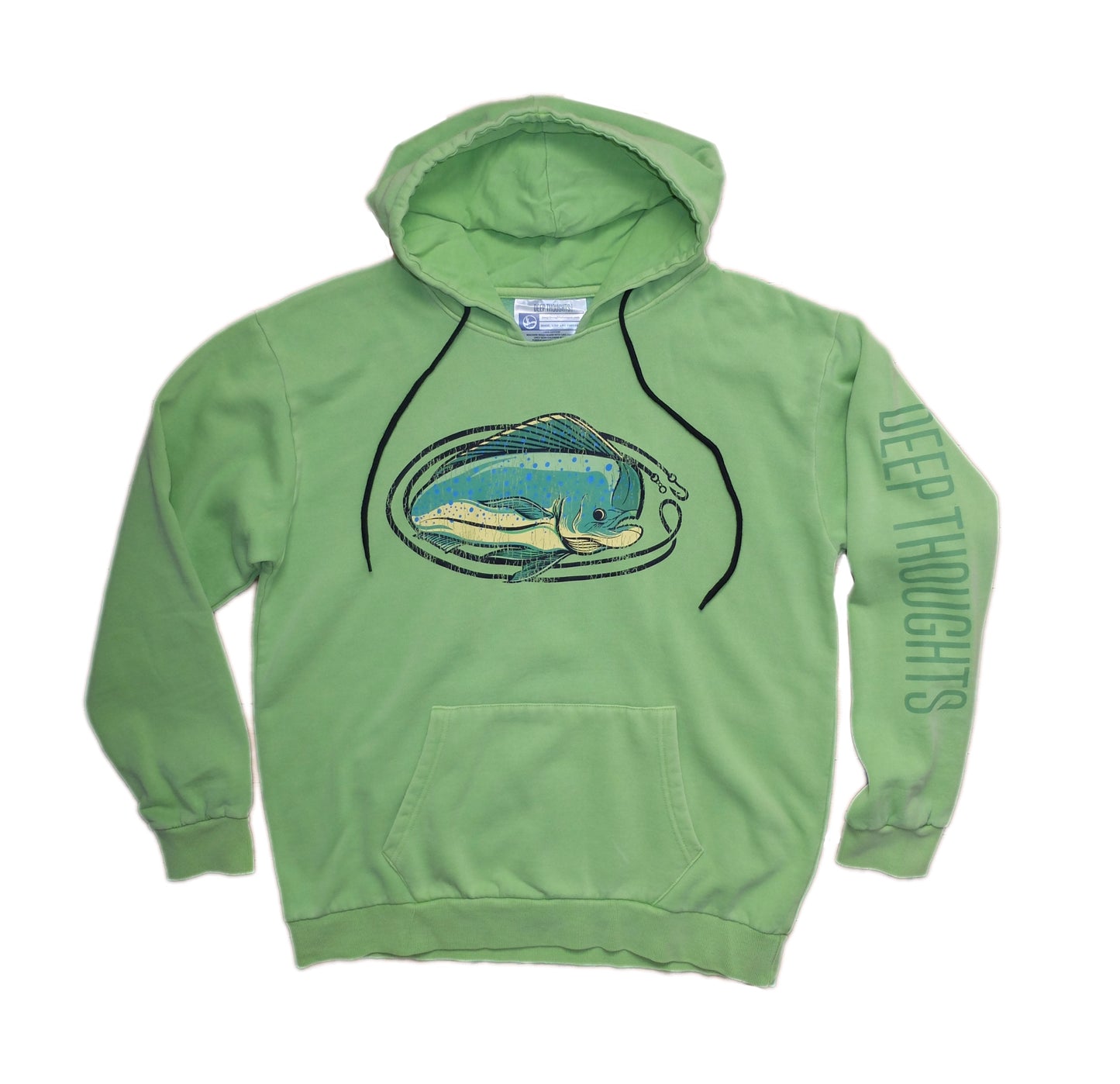 washed lime green hoodie with vintage style mahi mahi fishing graphic